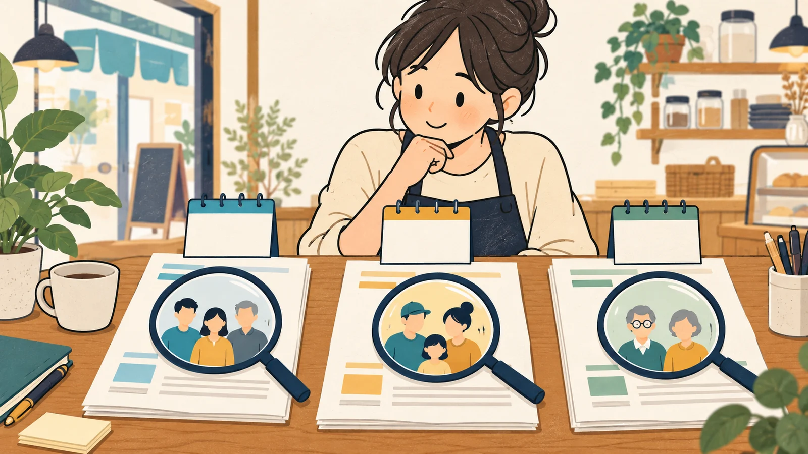 店主が三つの調査資料を並べ、虫眼鏡で対象者の絵を確認し、空欄のカレンダーと見比べている