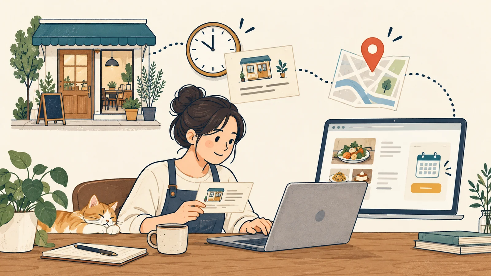 店主が店舗案内のカードと営業時間の時計を確認し、地図と自社サイトのメニュー・予約案内を整える図