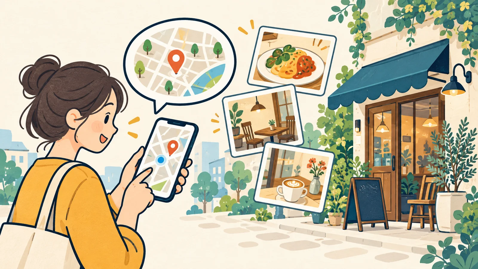 利用者がスマートフォンの地図に話しかけ、料理・座席・店内写真を手がかりにカフェを探す説明図