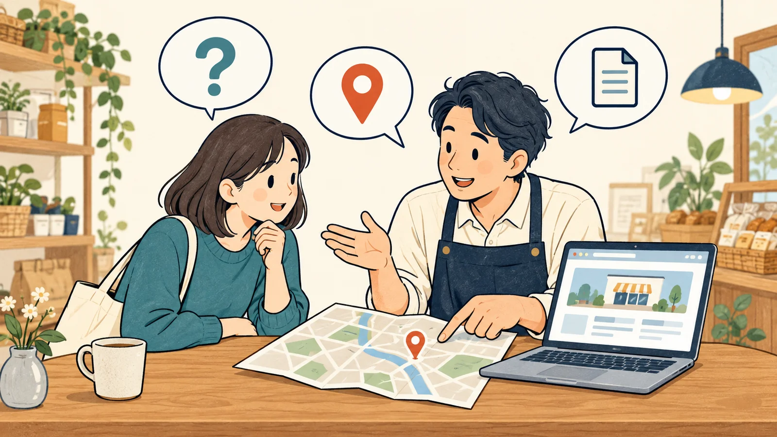 店主と来店客が地図とウェブページを見ながら、位置ピン・資料・疑問符の吹き出しで相談する図