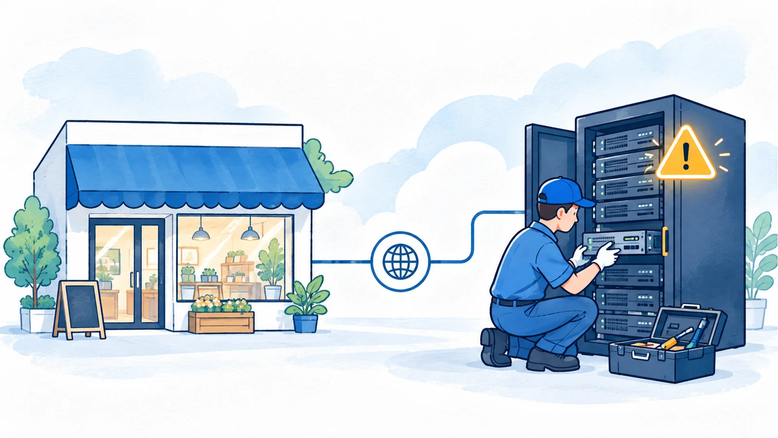 店舗とインターネットでつながるサーバーに注意表示があり、担当者が保守するイラスト