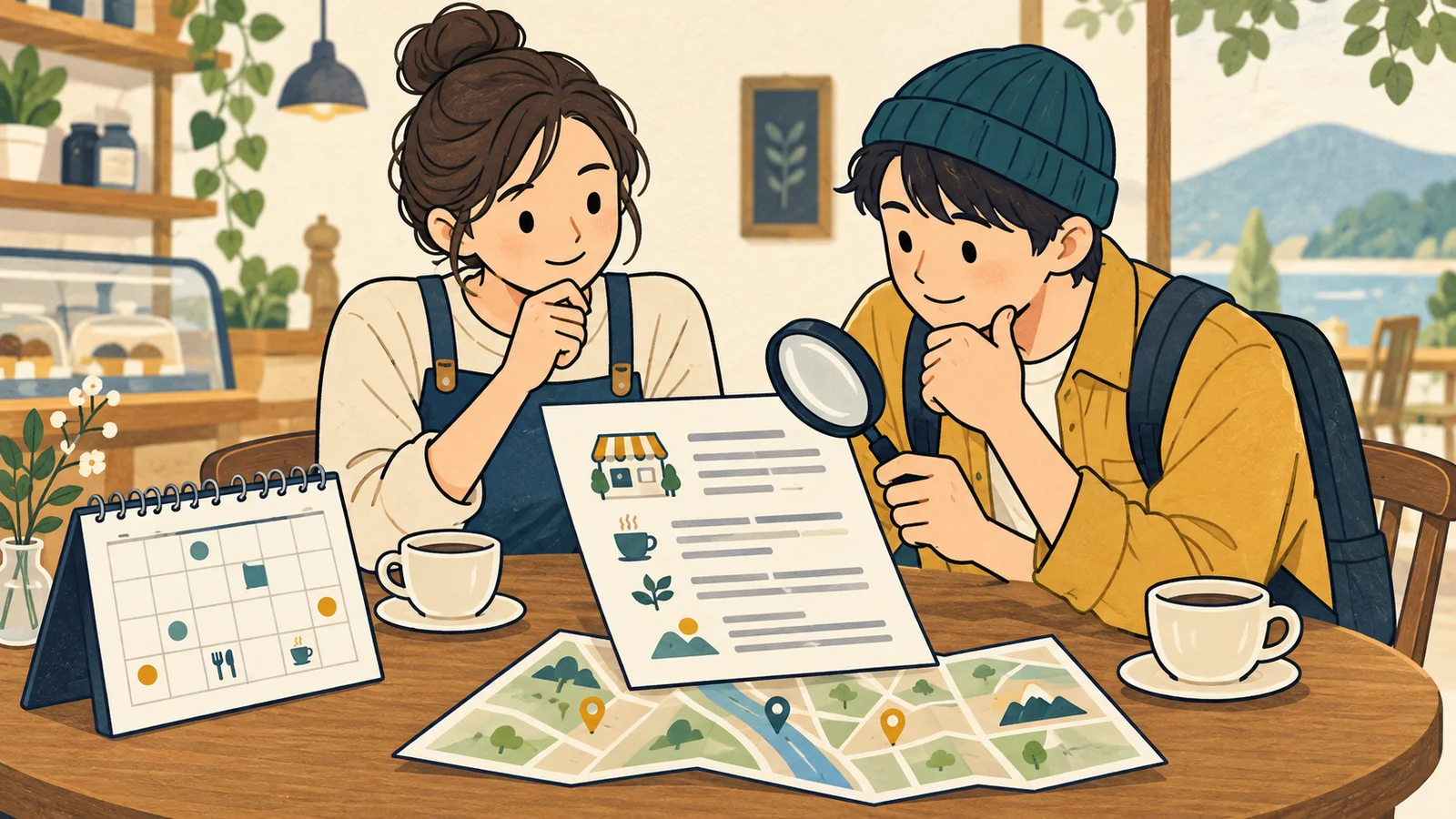 店主と利用者が虫眼鏡で店舗案内の資料を照合し、予約カレンダーと道案内の内容を確かめている図